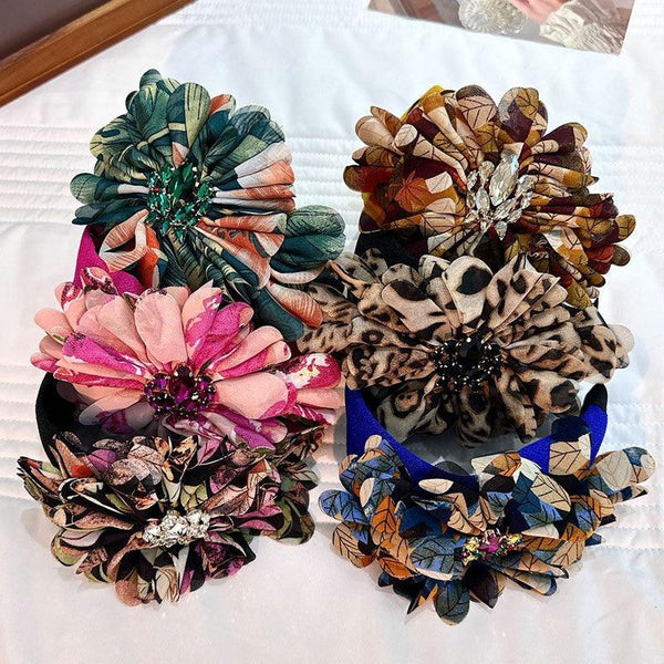 Handmade diamond inlaid fabric flower with teeth and anti slip exaggerated headband for women