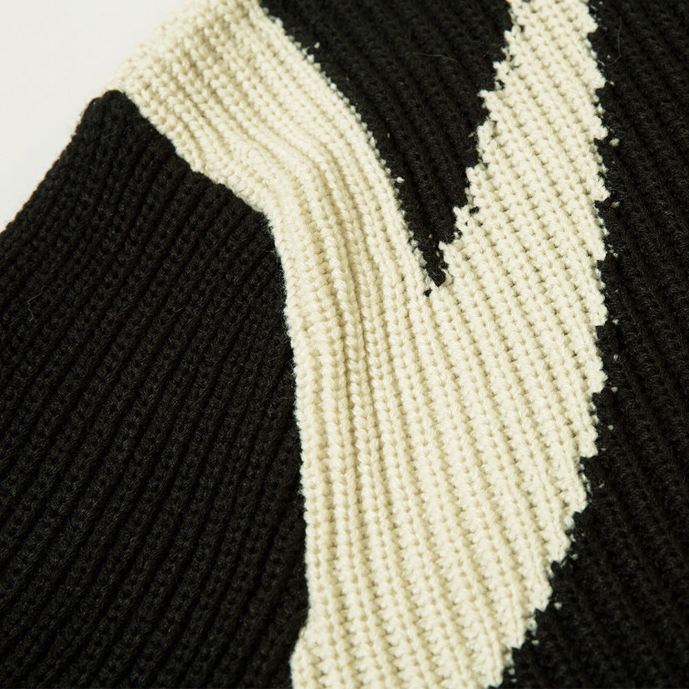 Color Block Zipper Cardigan Sweater Men's Autumn Street Style Stand Collar Long Sleeve Loose Knitwear