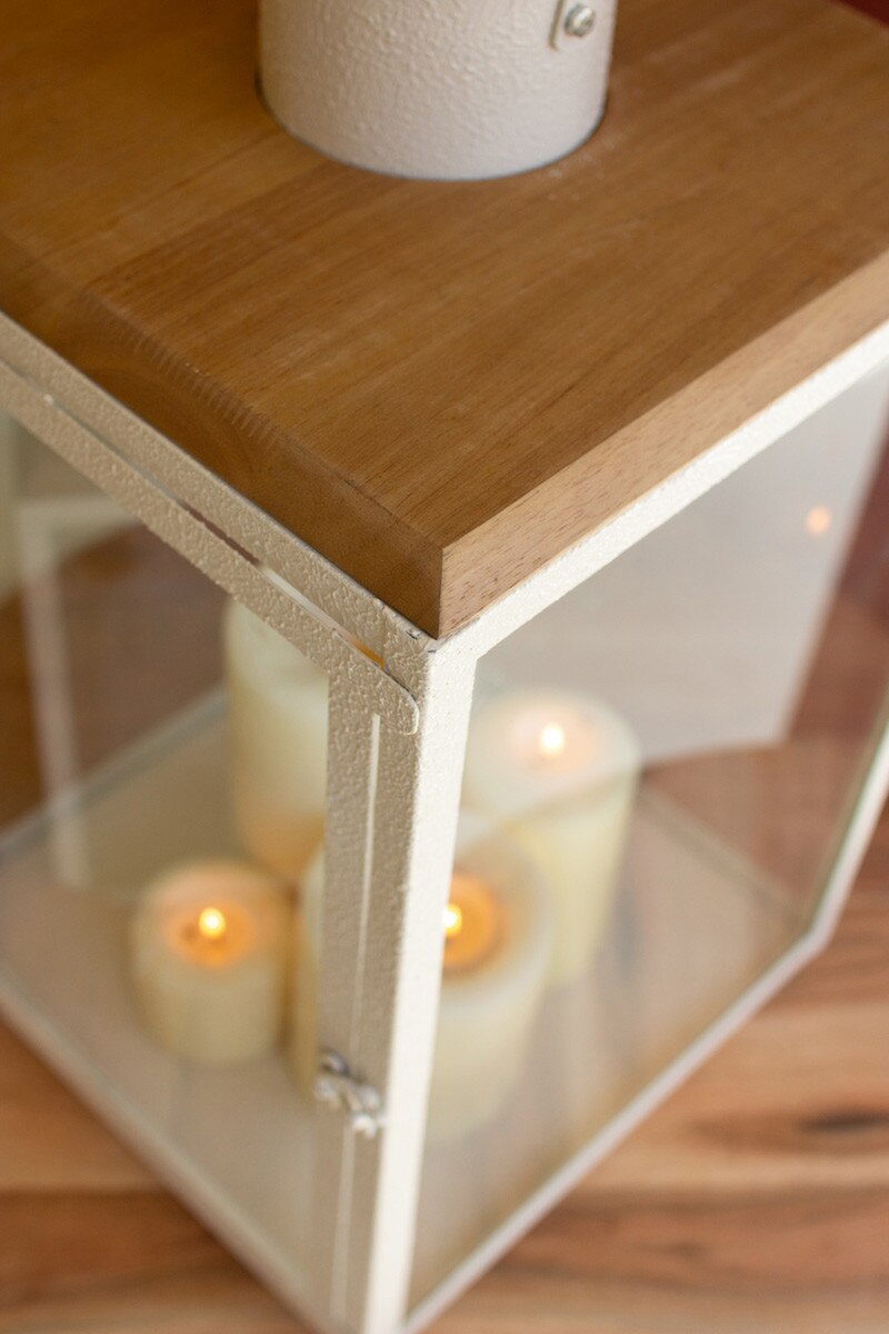 Set of 2 Metal and Wood Lanterns with Glass Sides