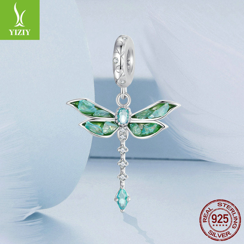 Silver Charm Original Retro Green Dragonfly DIY Pendant Accessories Charm Lucky s925 Pure Silver Insect Beads