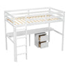 Twin Loft Wood Bed with Under-bed, Built-in Desk, a Storage Cabinet of 2 Drawers, Guardrails, Ladder,White