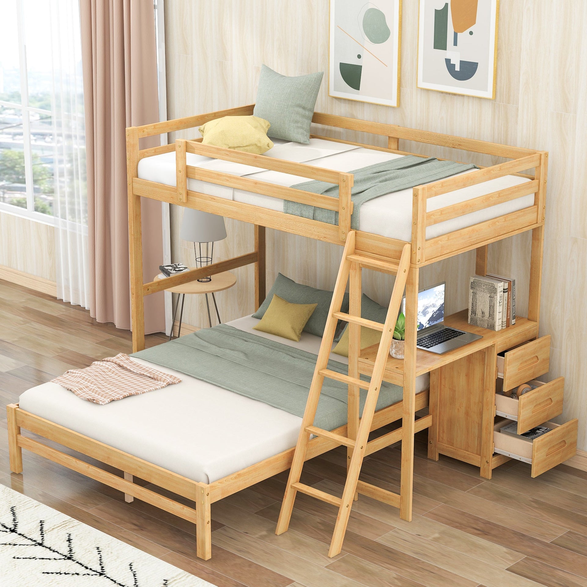 Twin over Full Bunk Bed with Built-in Desk and Three Drawers Natural