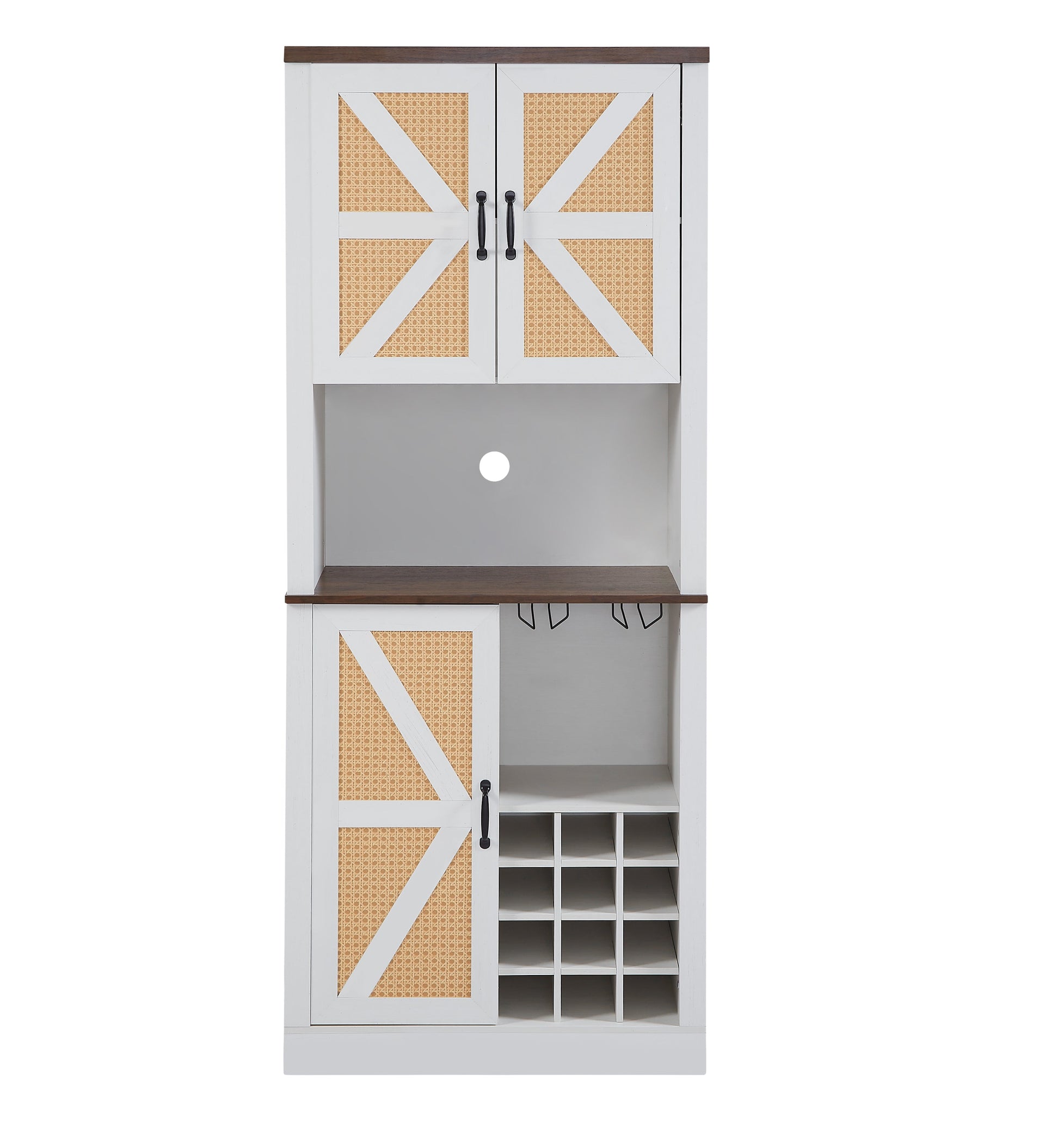 76 Inch Tall Farmhouse Kitchen Faux Rattan Wine Cabinet, Kitchen Bar Cabinet with Square Compartments and Shelves