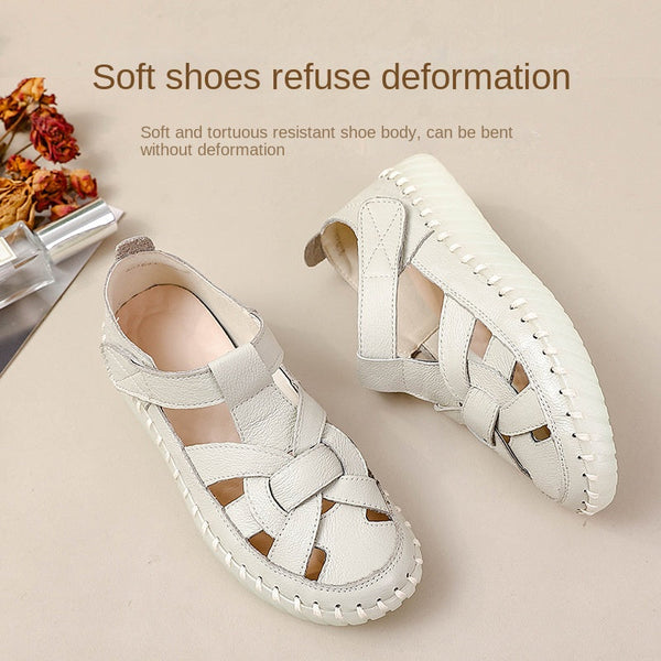 Leather perforated shoes with hollowed out toe caps for women soft soled non slip flat sandals for women