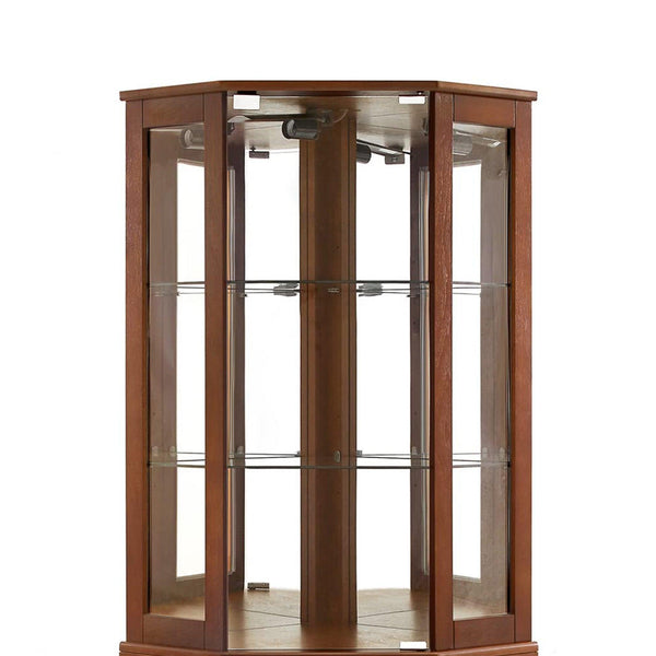 6 shelves corner Curio display cabinet with light mirror and adjustable shelves, walnut wood (excluding E26 light bulbs)