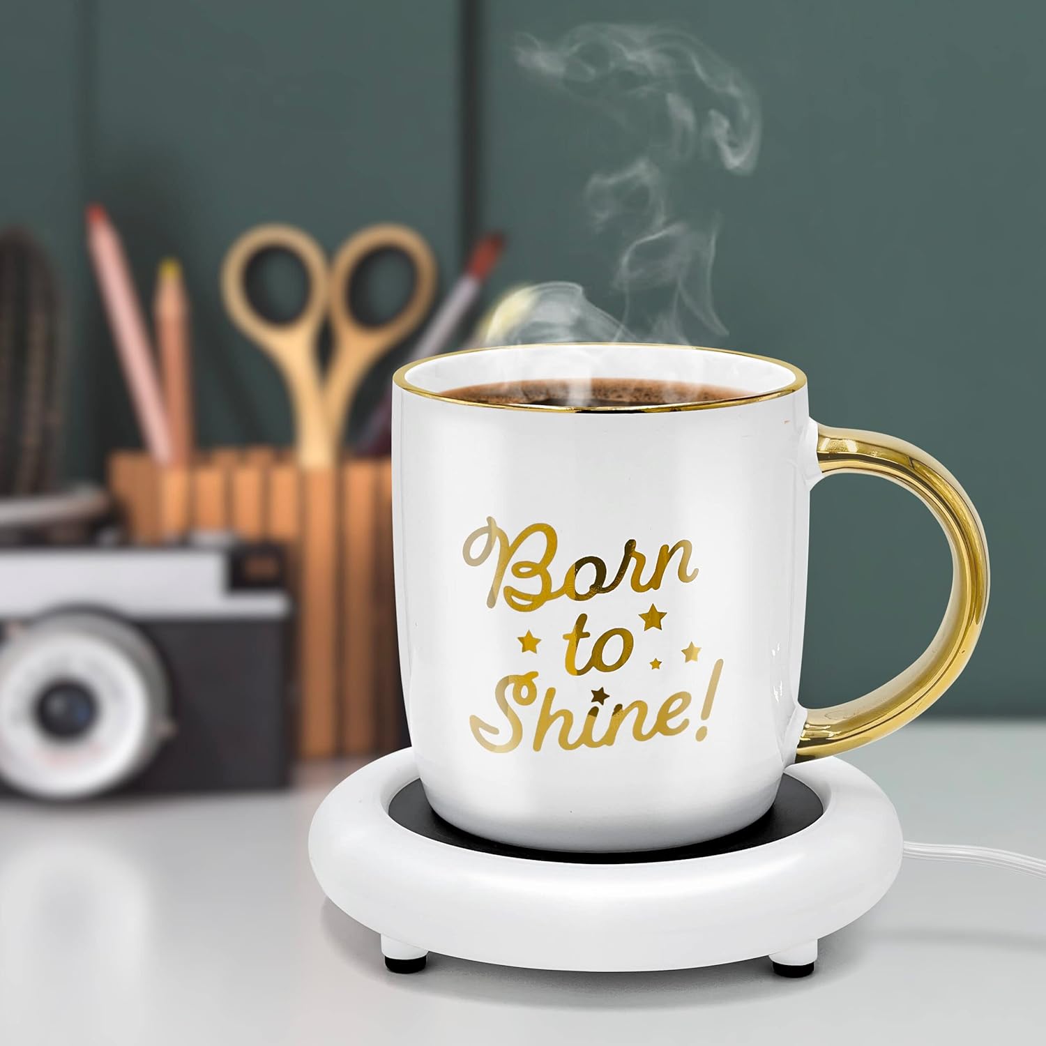 Coffee Mug with Warmer, Motivational Electric Heated Cup for Coffee Lover Gifts for Birthday/Christmas, 12oz Born to Shine (Gift Boxed)