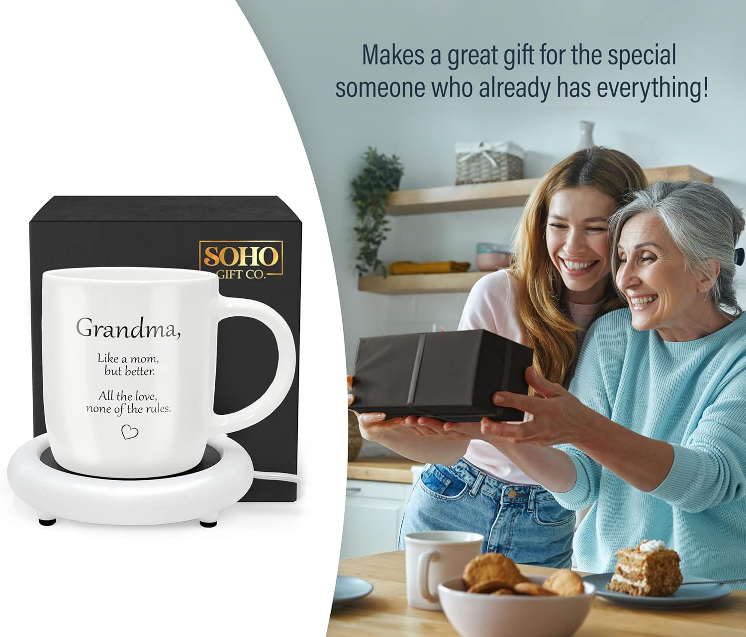 SoHo Funny Gift for Grandma, Coffee Mug with Warmer, Electric Heated Cup for Coffee Lover Gifts for Birthday/Christmas, 12oz (Gift Boxed)