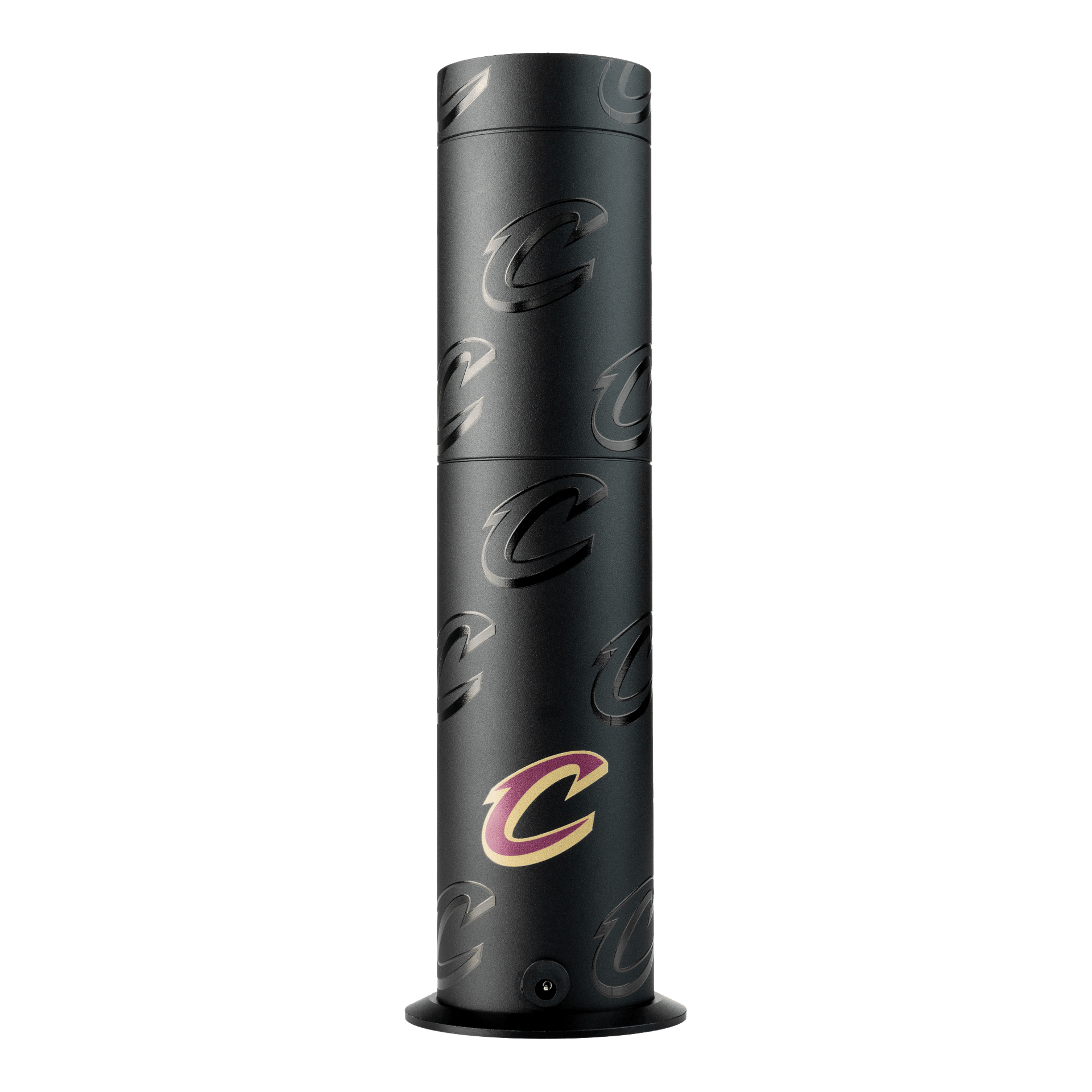 Black cylindrical product with a logo on a white background