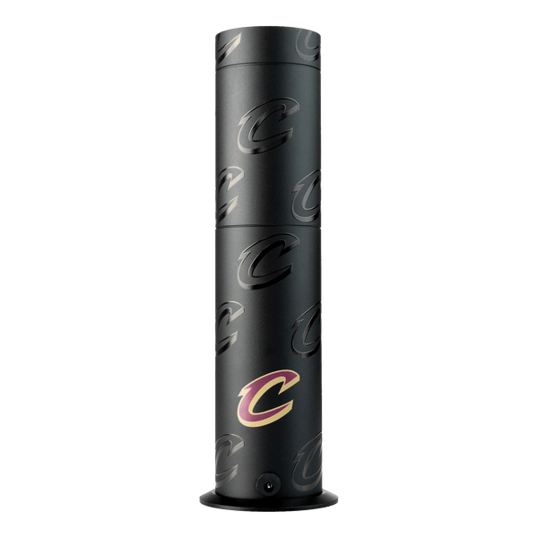 Black cylindrical product with a logo on a white background