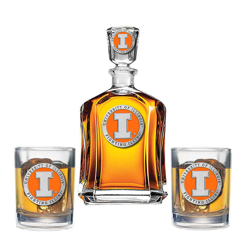University of Illinois Capitol Decanter with 2 Glasses