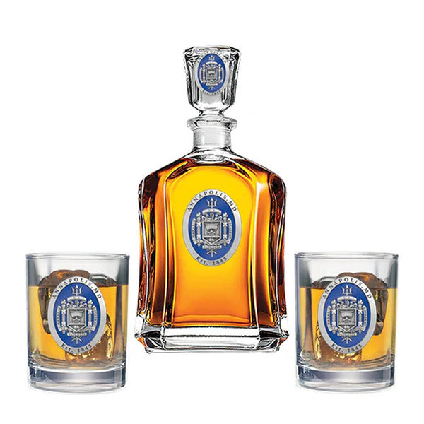 United States Naval Academy Crest Capitol Decanter with 2 Glasses