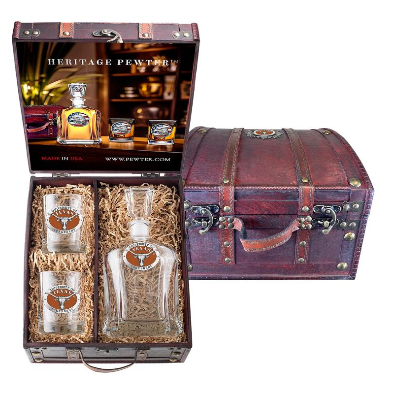 University of Texas at Austin Decanter and 2 Glasses with Chest Box