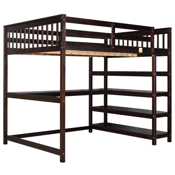 Full Size Loft Bed with Storage Shelves and Under-bed Desk  Espresso