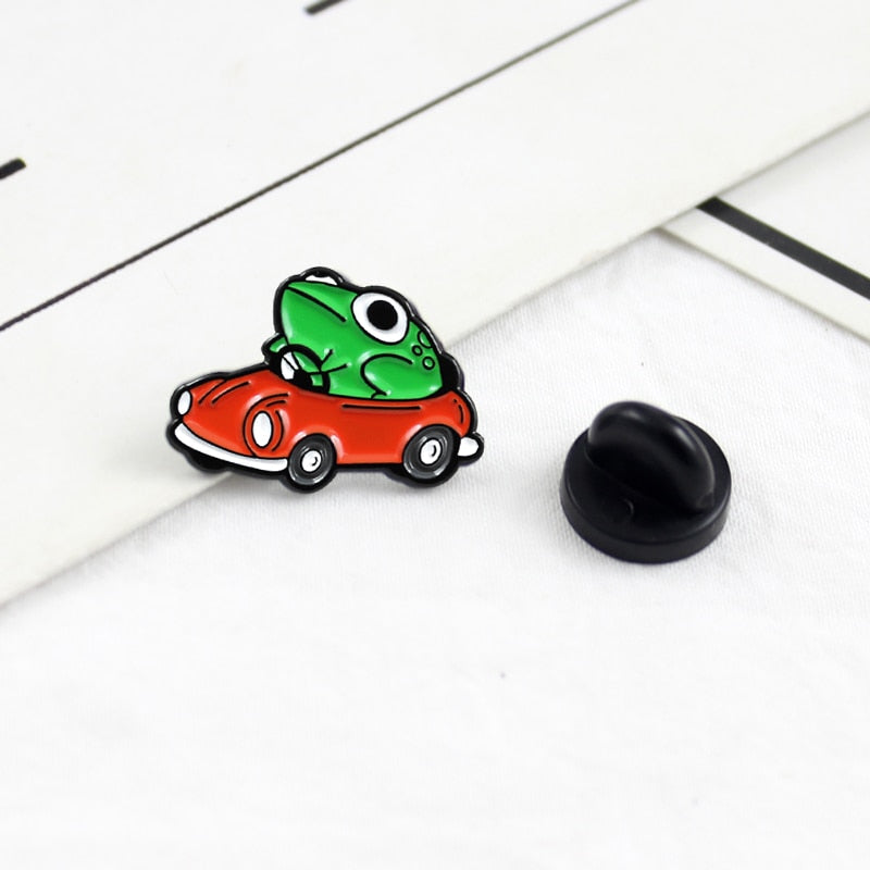 Frog Driver Enamel Pin Small Red Car Brooch Backpack Clothes Lapel Funny Animal Frog Jewelry Gift for Friends Children