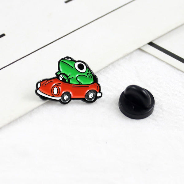Frog Driver Enamel Pin Small Red Car Brooch Backpack Clothes Lapel Funny Animal Frog Jewelry Gift for Friends Children