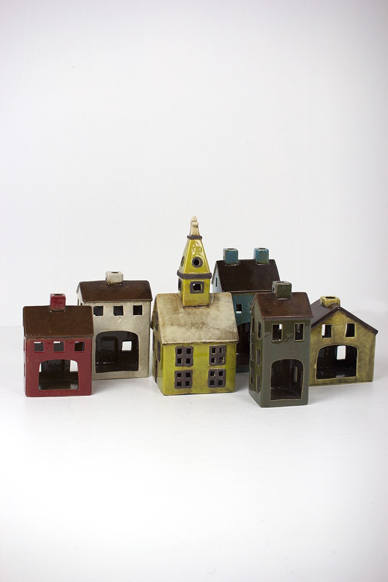 SET OF SIX CERAMIC VILLAGE - ONE EACH DESIGN