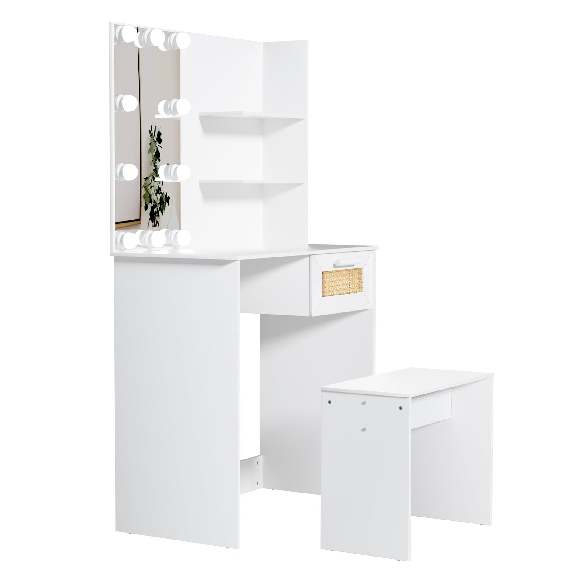 Vanity Desk Set Stool & Dressing Table with LED Lighting Mirror Drawer and Wood Cosmetic Table Chest of Drawers White Color