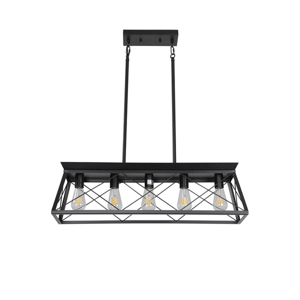 5-light farmhouse pendant light, metal pendant light island fixture, modern rectangular island light, pure black (no bulb)