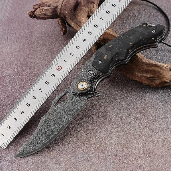 Black gold EDC Gentlemen's Pocket Knife with 14K Gold Foil Carbon Fiber Handle & Sheath Personalized