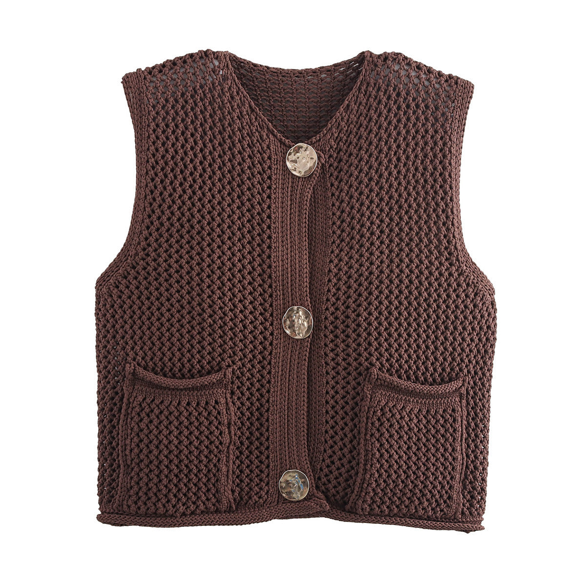 Street Fashion Crochet Hollow Vest Solid Color Versatile Round Neck Jacket