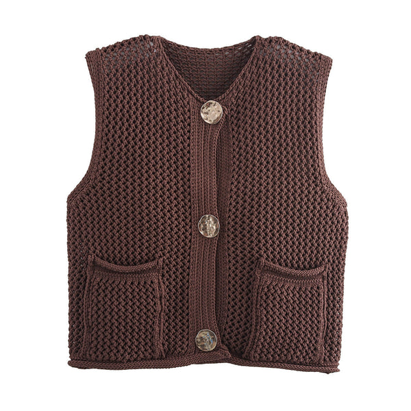 Street Fashion Crochet Hollow Vest Solid Color Versatile Round Neck Jacket