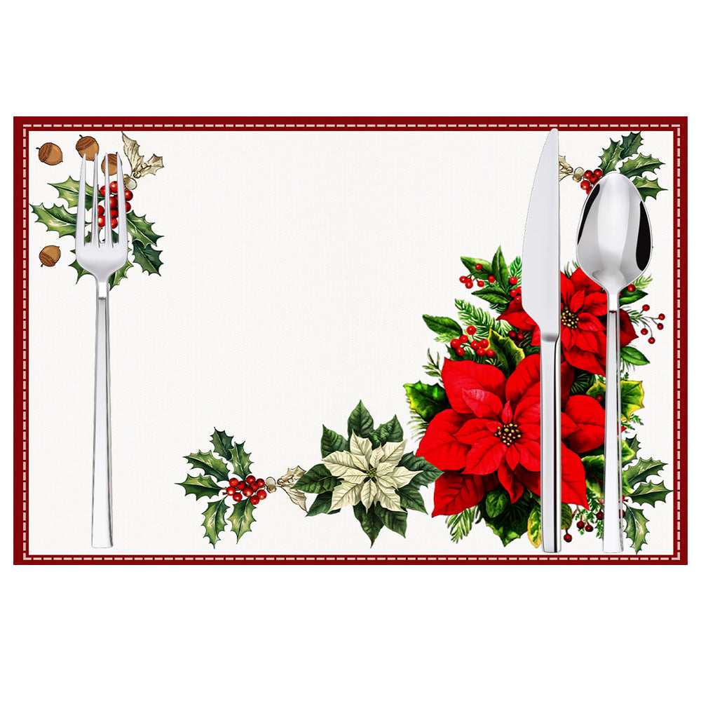 Christmas Red Flower Meal Mat Flower Pinecone Printed Table Mat Holiday Table Insulation Mat