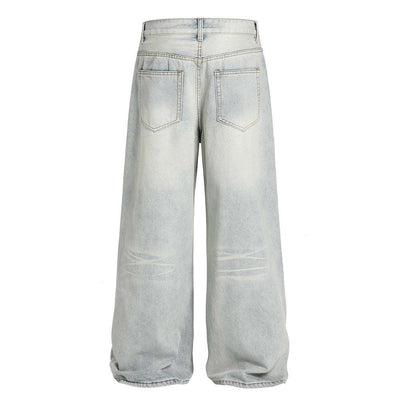 American Cleanfit Washed Denim Long Pants Men's Vintage Street Fashion Loose Straight Leg Distressed Wide Leg Dad Trousers