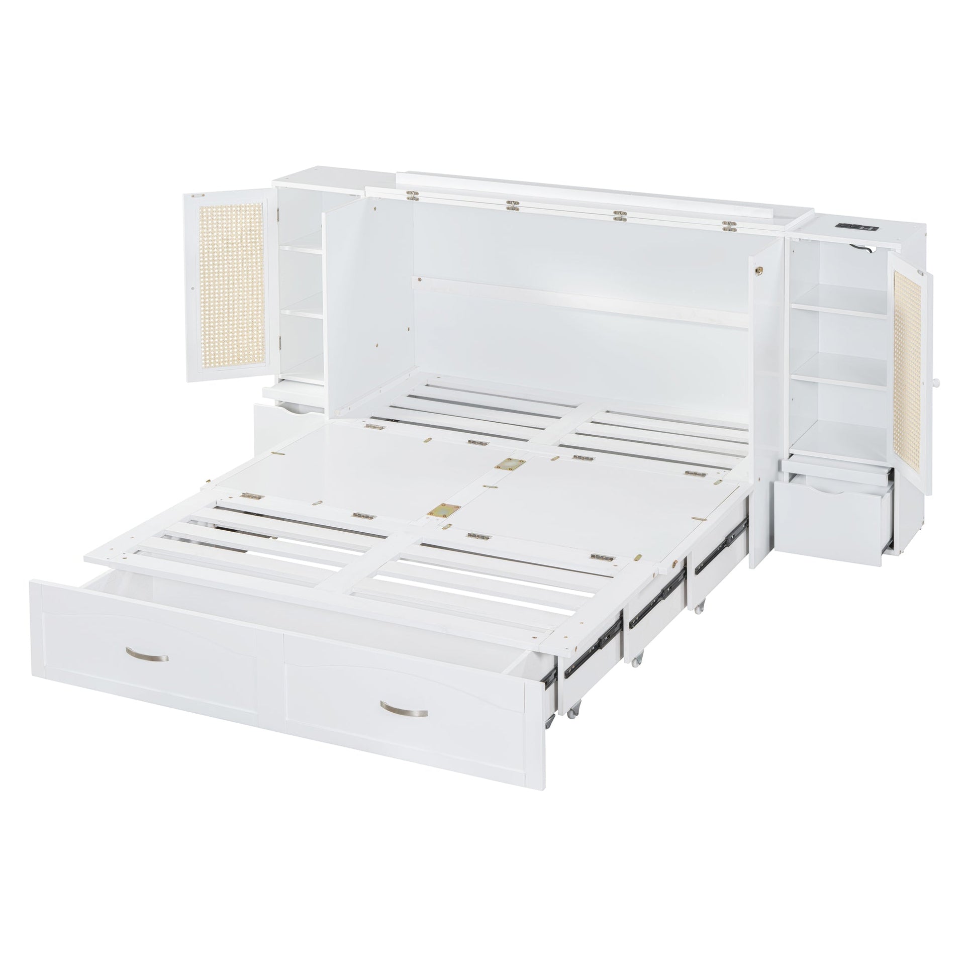 Large Murphy bed wall mounted bed with drawers, 2 storage cabinets, 1 set of sockets and USB ports, white