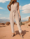 Tied Surplice Sleeveless Jumpsuit - Tan / S