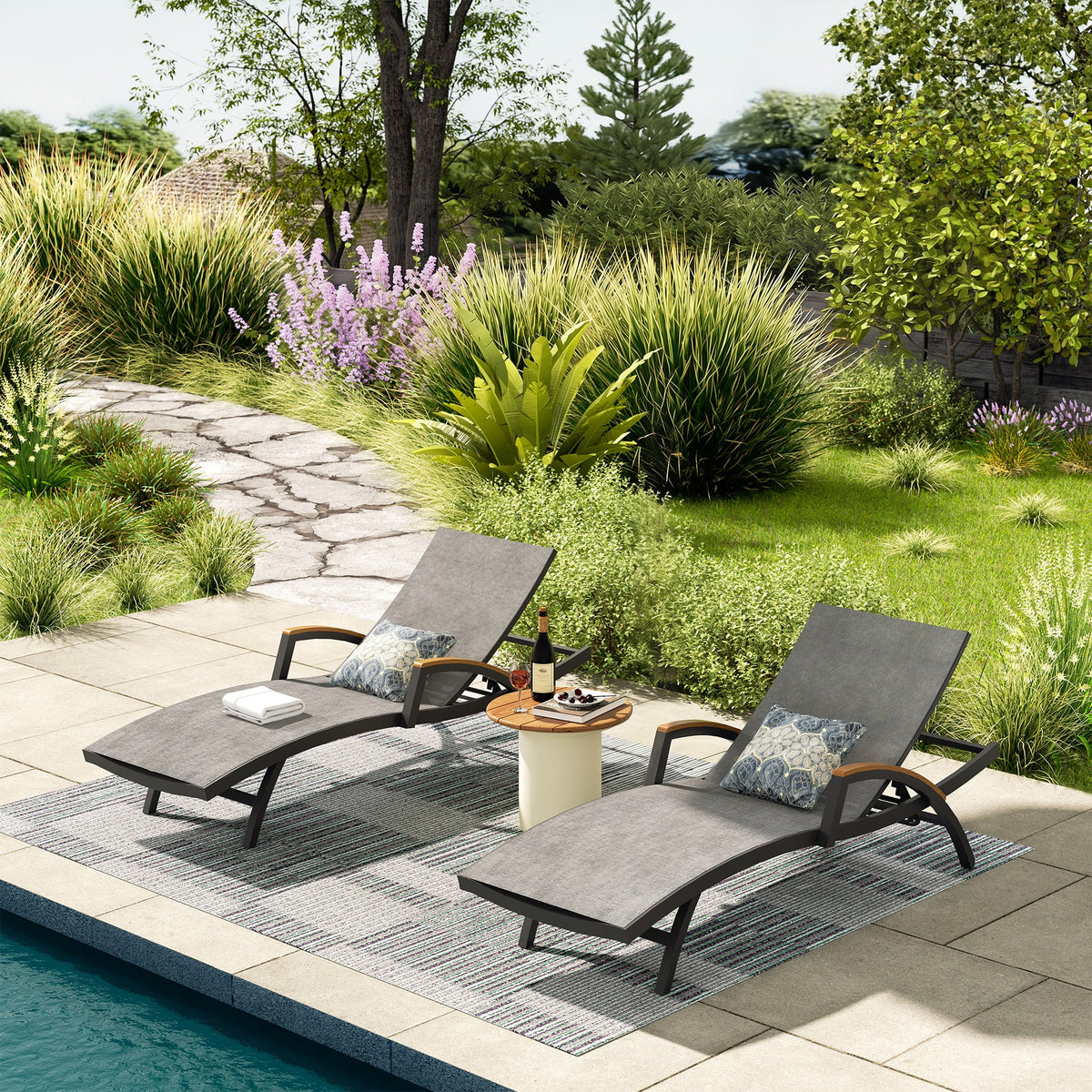 PEAKHOME-Chambray Patio Aluminum Armrest Chaise Lounge Set With Phifertex® Sling Fabric And Round Side Table