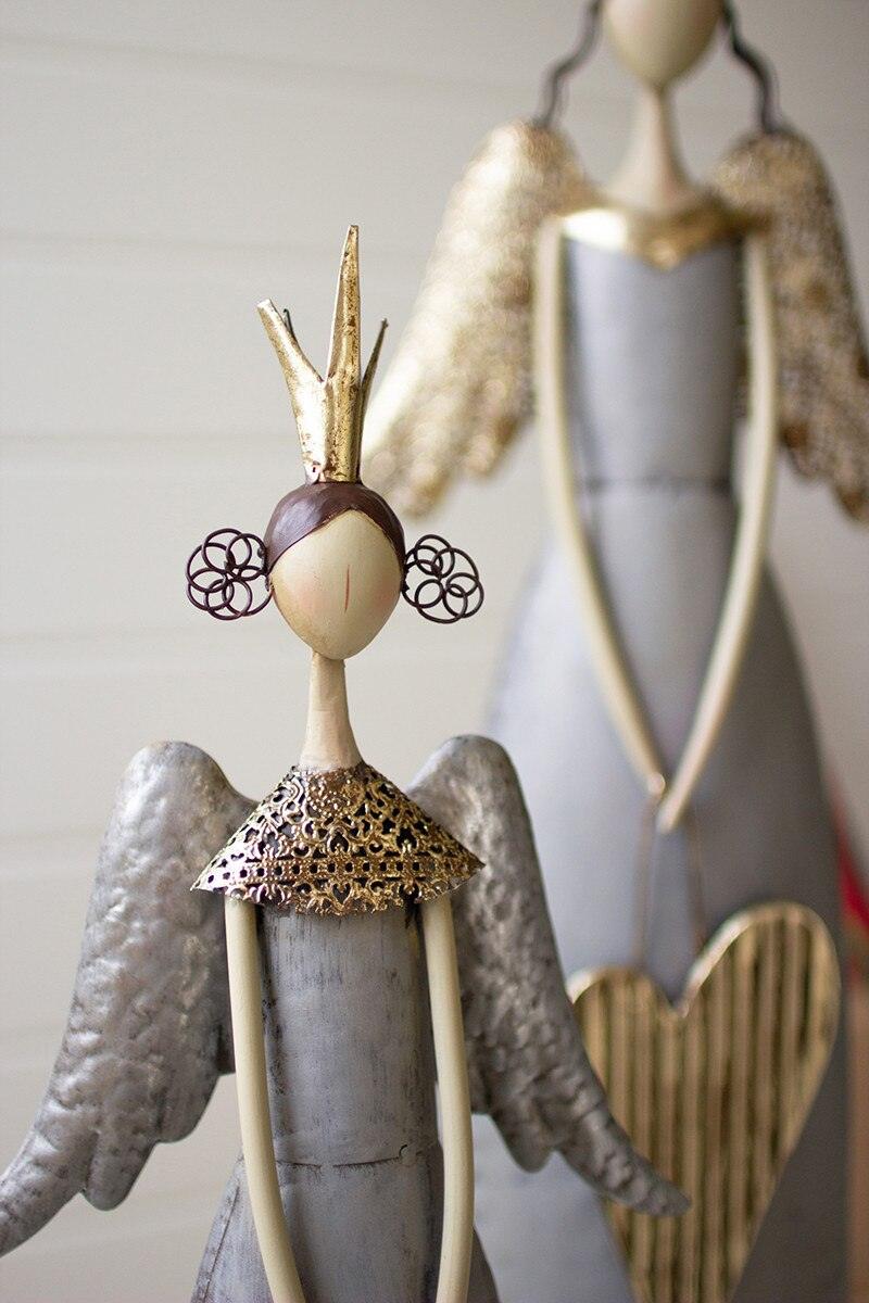 SET OF TWO GOLD & GREY CHRISTMAS ANGELS HOLDING HEART & STAR