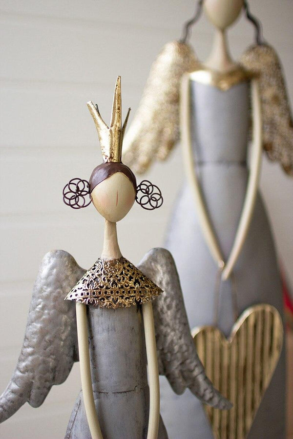 SET OF TWO GOLD & GREY CHRISTMAS ANGELS HOLDING HEART & STAR