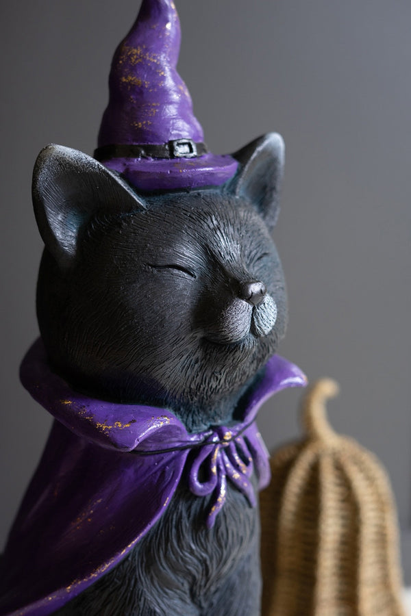 Painted Resin Black Cat with Purple Hat