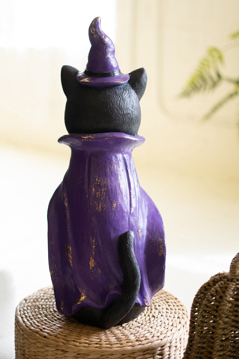 Painted Resin Black Cat with Purple Hat