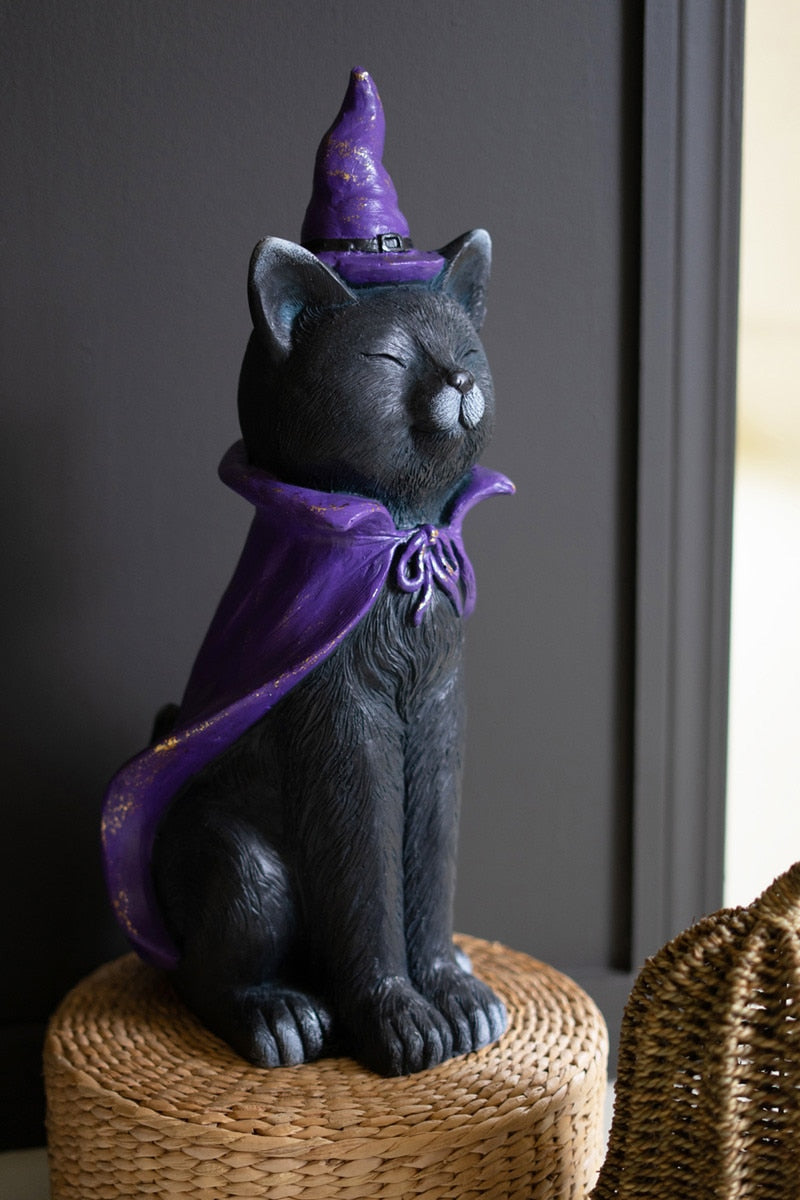 Painted Resin Black Cat with Purple Hat