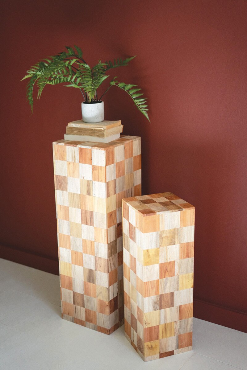 SET OF TWO ASSORTED WOOD BLOCK PEDESTALS