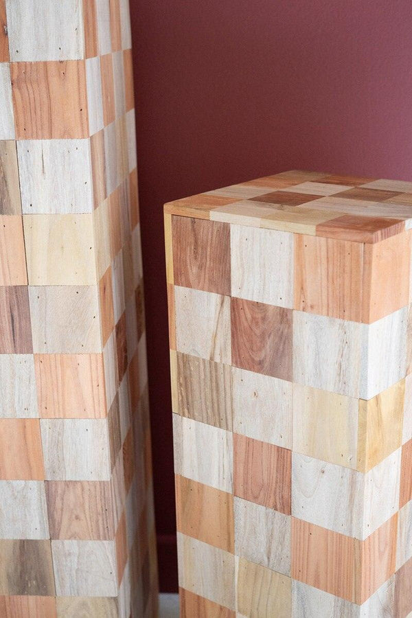 SET OF TWO ASSORTED WOOD BLOCK PEDESTALS