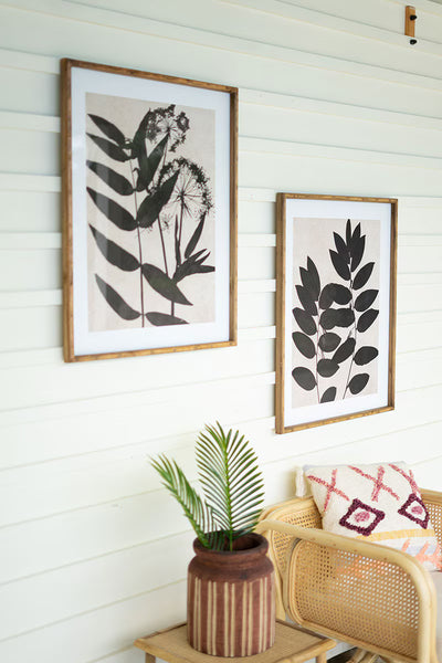 SET OF TWO LEAF PRINTS UNDER GLASS WITH NATURAL FRAME
