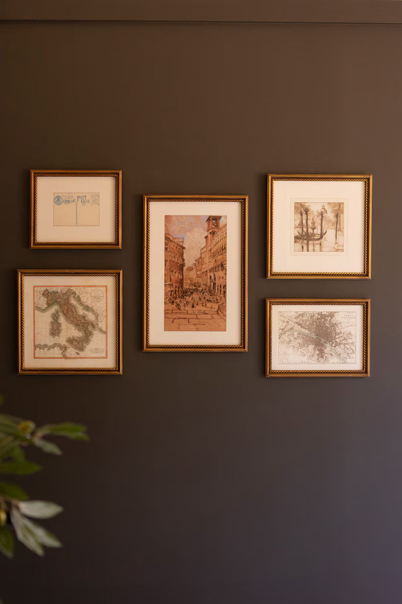 SET 5 MIXED FRAMED EUROPE GALLERY WALL PRINTS UNDER GLASS