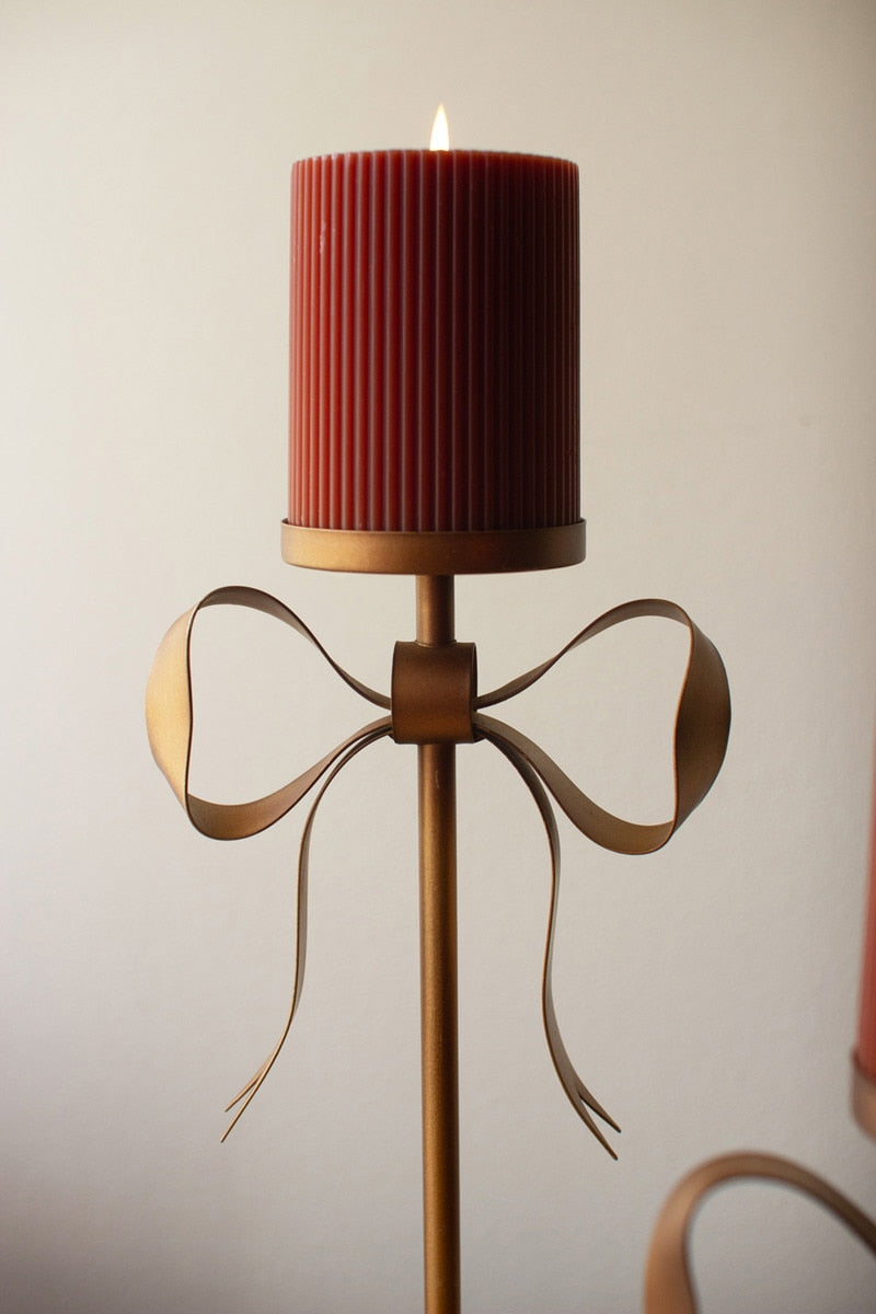 Set of 3 Antique Brass Pillar Candle Stands with Bow Detail Kalalou