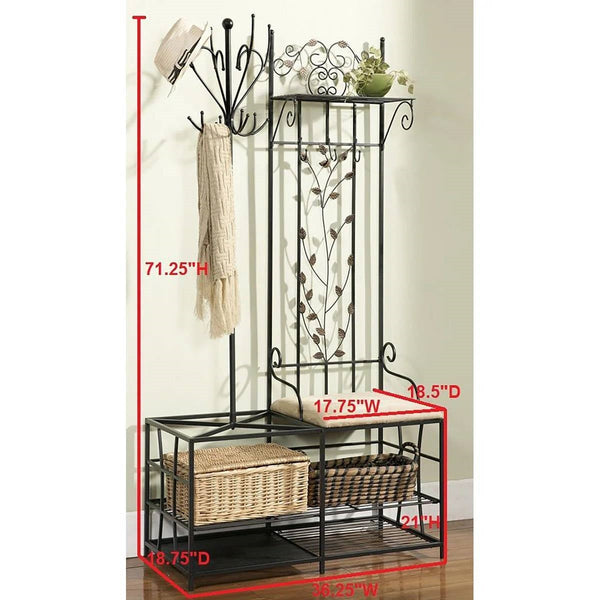 Entryway Hall Tree Coat Rack Storage Bench with Scrolling Leaves Scrollwork