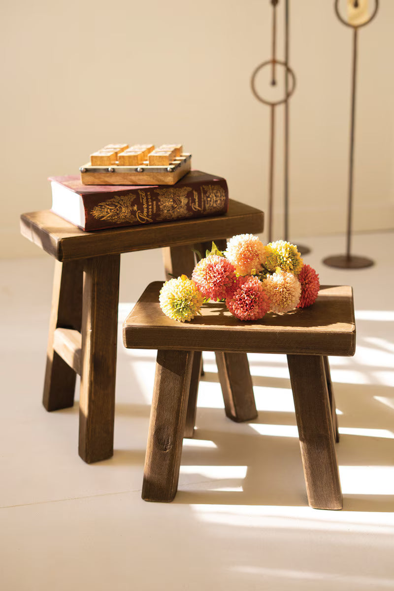 SET OF TWO RECTANGLE WOOD STOOLS - DARK BROWN