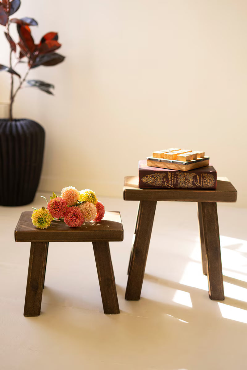 SET OF TWO RECTANGLE WOOD STOOLS - DARK BROWN