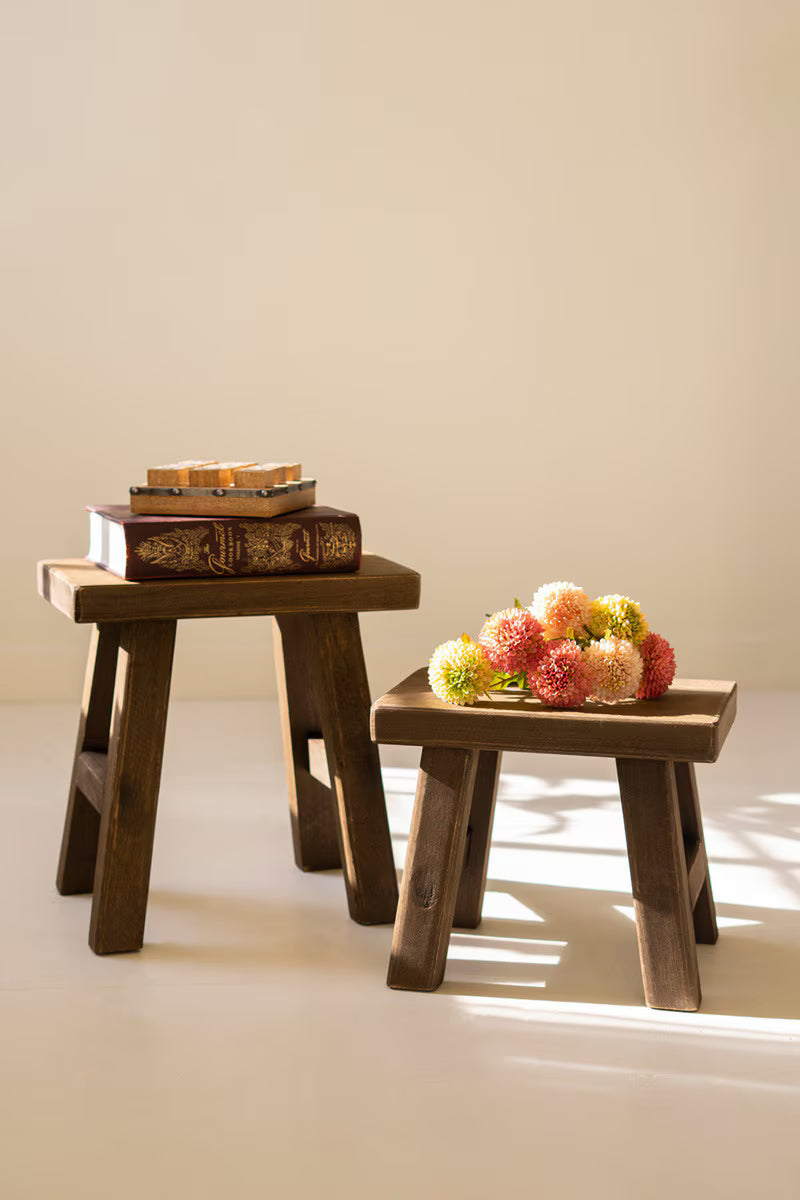 SET OF TWO RECTANGLE WOOD STOOLS - DARK BROWN
