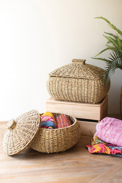 SET OF TWO WOVEN VINE BASKETS WITH LIDS - ONE EACH DESIGN