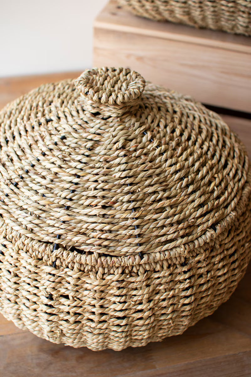 SET OF TWO WOVEN VINE BASKETS WITH LIDS - ONE EACH DESIGN