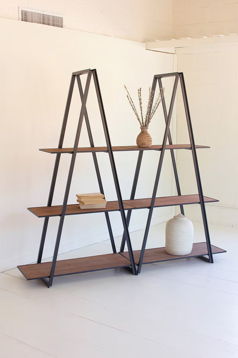 DOUBLE ANGLE IRON AND WOOD THREE TIERED SHELVING UNIT