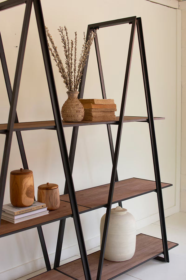 DOUBLE ANGLE IRON AND WOOD THREE TIERED SHELVING UNIT