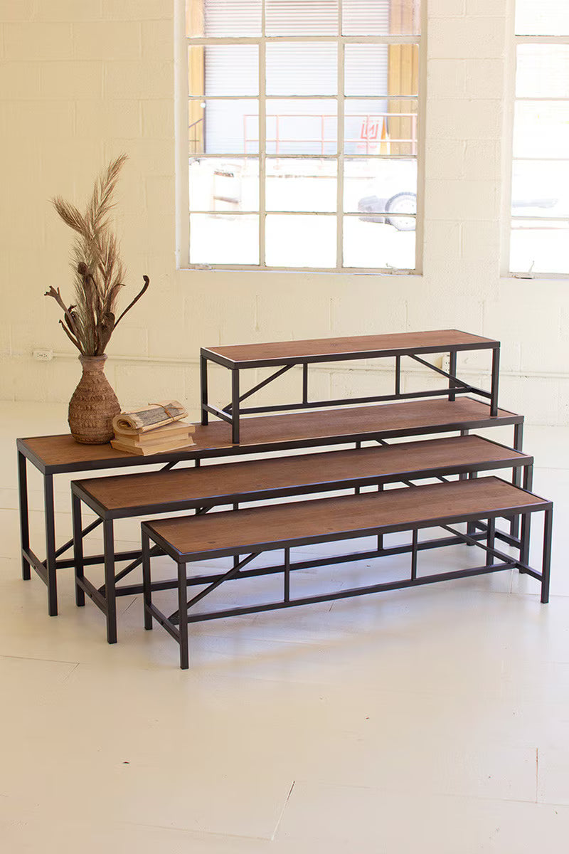 SET OF FOUR METAL AND WOOD DISPLAY RISERS