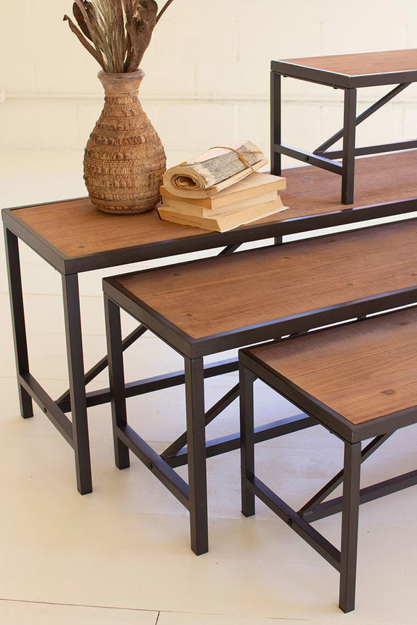 SET OF FOUR METAL AND WOOD DISPLAY RISERS